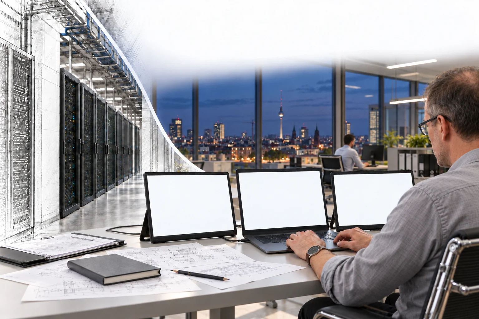 Server racks beside an engineer working with a laptop and two portable monitors in a Berlin office at dusk.