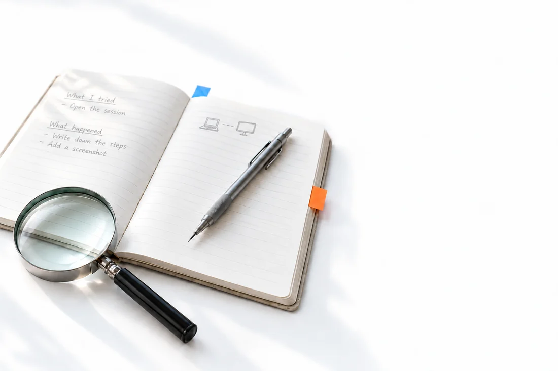 An open notebook with handwritten notes, a small connection sketch, a metal pencil and a magnifying glass.