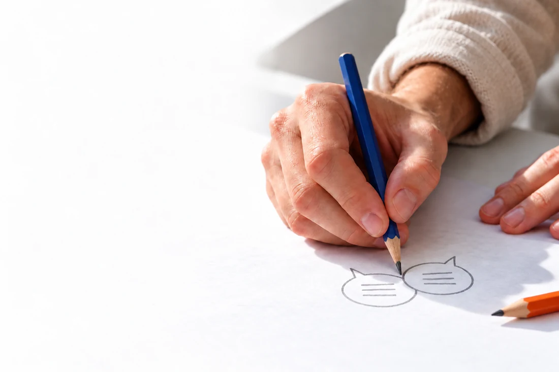 A hand draws two conversation bubbles with a blue pencil on white paper.