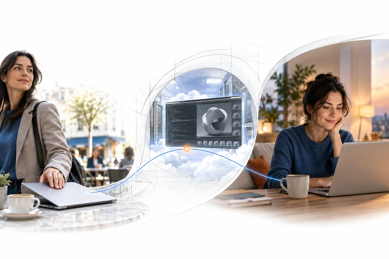 A person leaves a laptop and later returns to the same project from a computer at home.