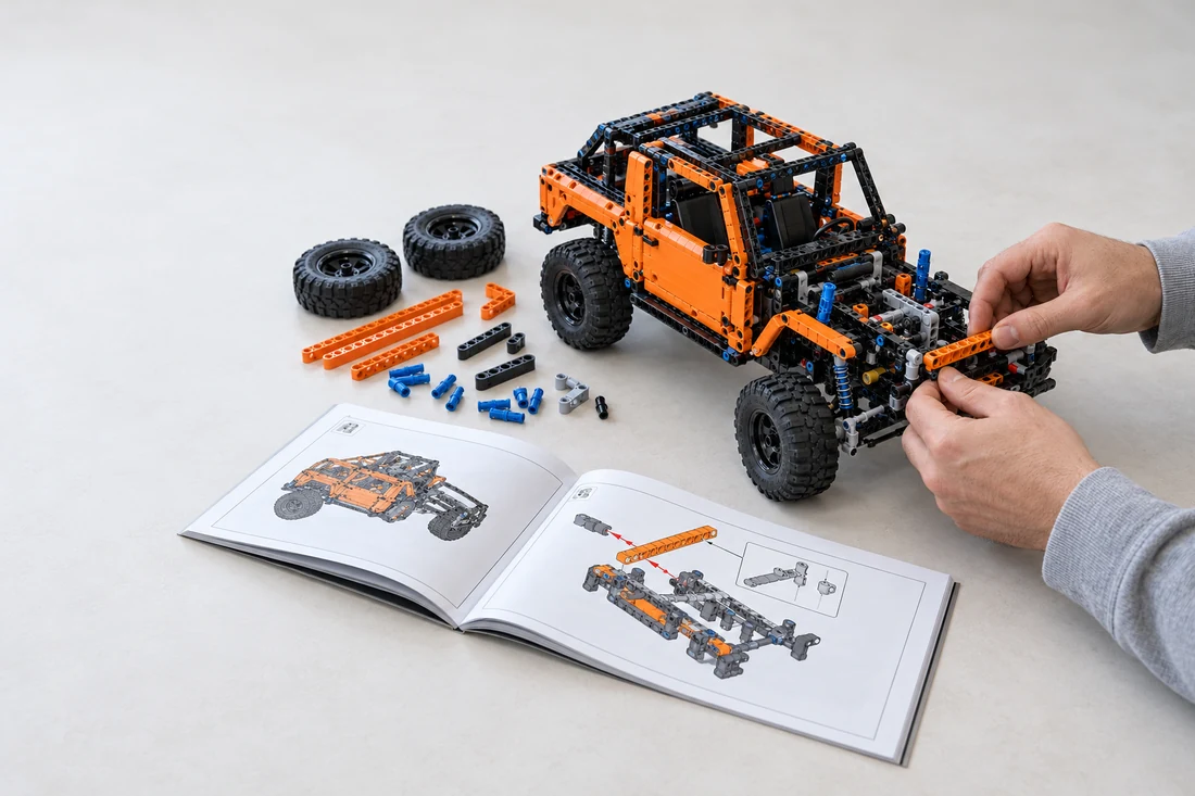 Hands assemble a complex construction vehicle beside its open illustrated instruction booklet.