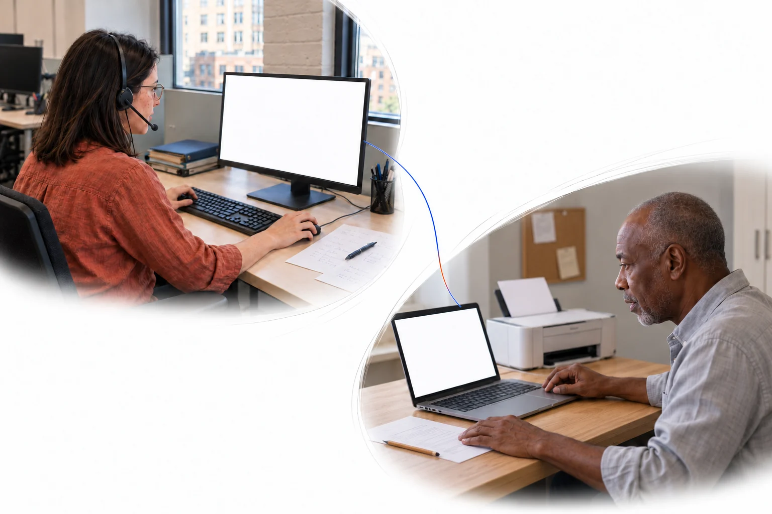 A support specialist in an office helps an older man using a laptop at home, linked by a blue and orange line.