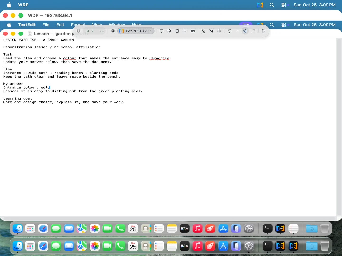 A demonstration learning exercise open on a remote macOS desktop.