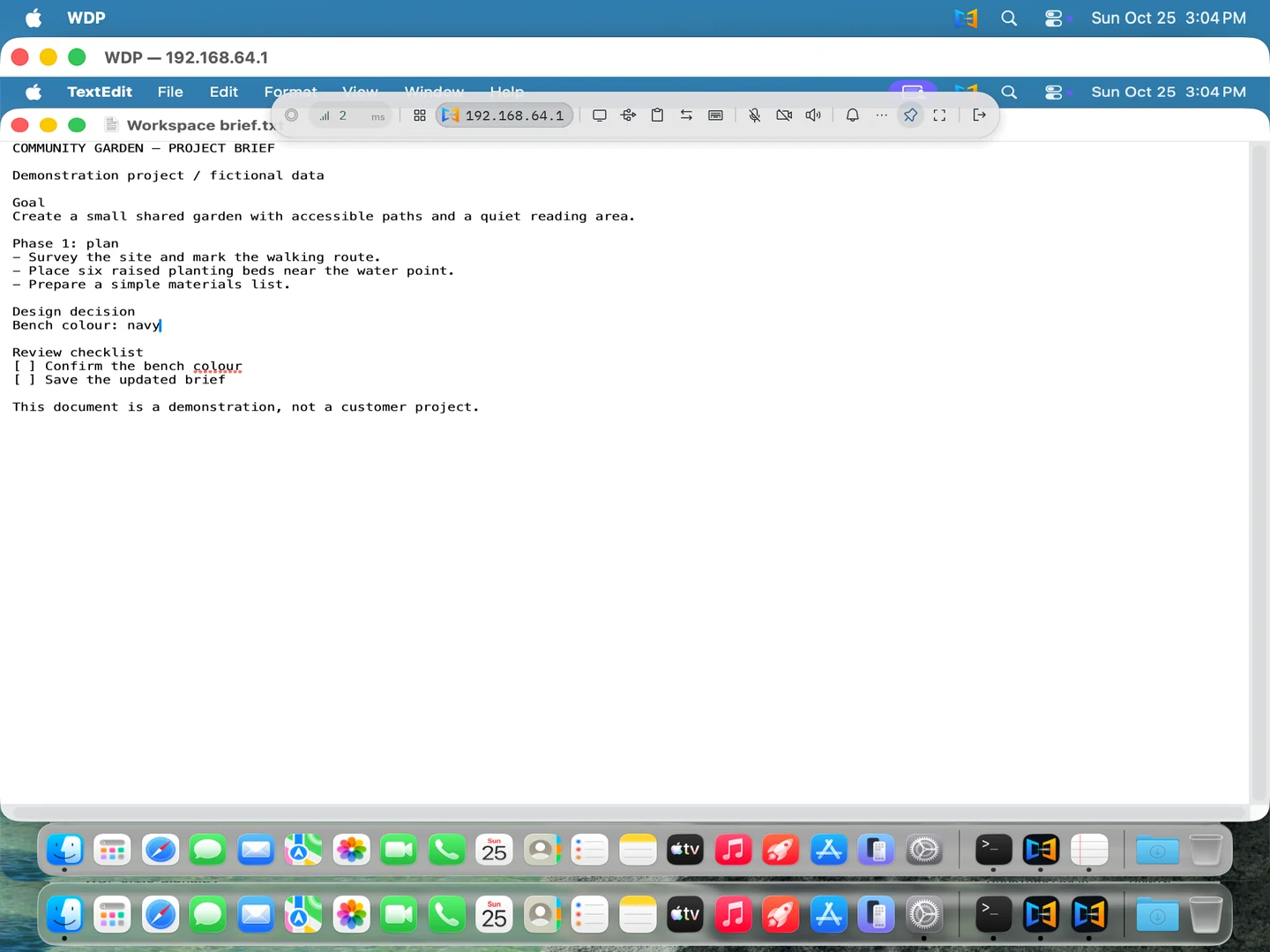 A remote macOS desktop with an open demonstration document inside the client window.