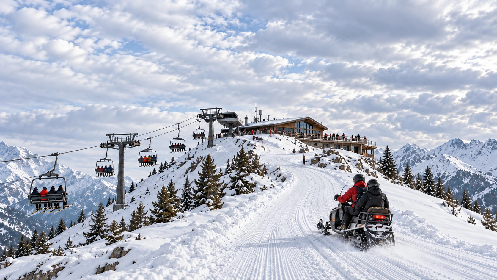 A chairlift and a snowmobile carrying a driver and passenger ascend to the same mountain station. The chairlift illustrates a direct connection; the snowmobile represents a relay carrying the session.