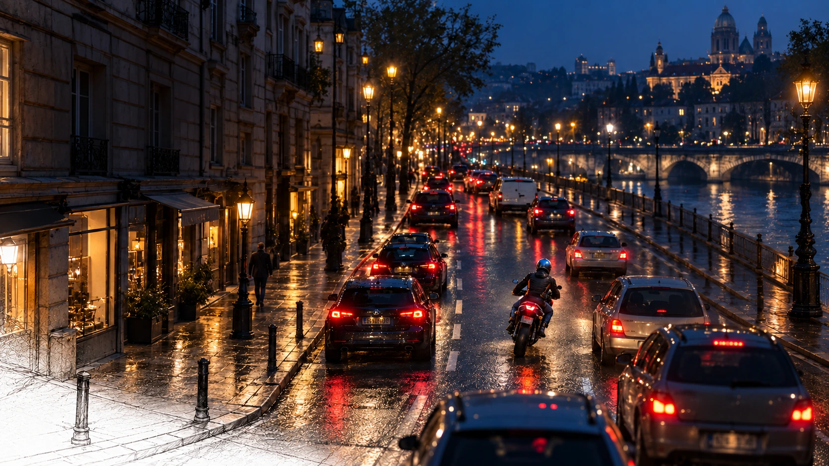 A helmeted motorcyclist moves through slow evening traffic beside a river. Blue night light and warm street lamps reflect on wet asphalt, while the pavement continues into graphite.