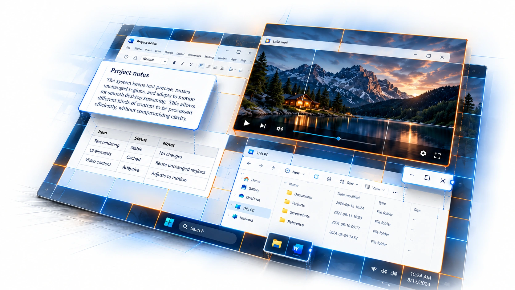 One desktop divided into different-sized tiles, with lifted text and interface fragments and a mountain-lake video region.