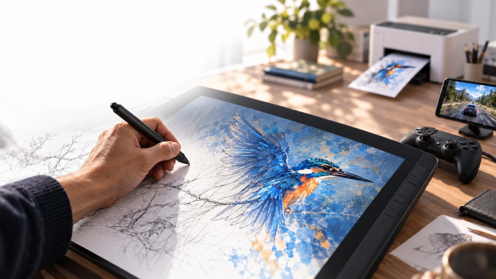 A hand draws a blue and orange bird with a stylus on a pen display. Graphite lines become color; a printer produces the same illustration, while a gamepad and a small driving scene sit in the background.