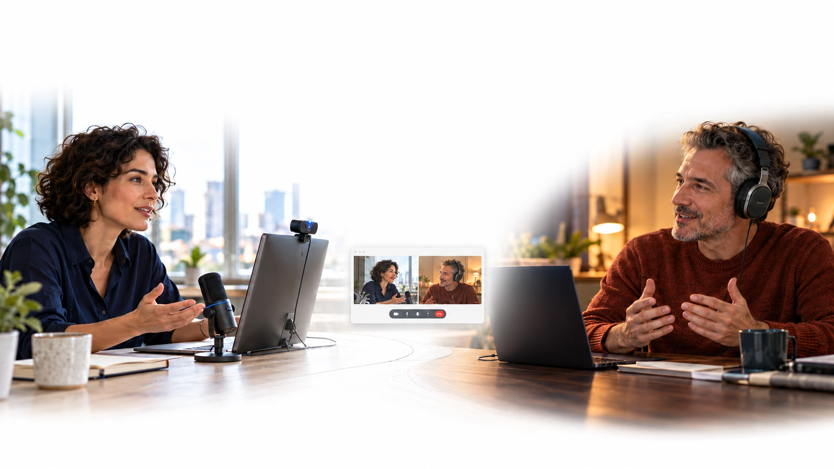 A woman with a webcam and microphone in daylight and a man wearing headphones in an evening room appear to share one curving table. A small illustrative call window connects their spaces.