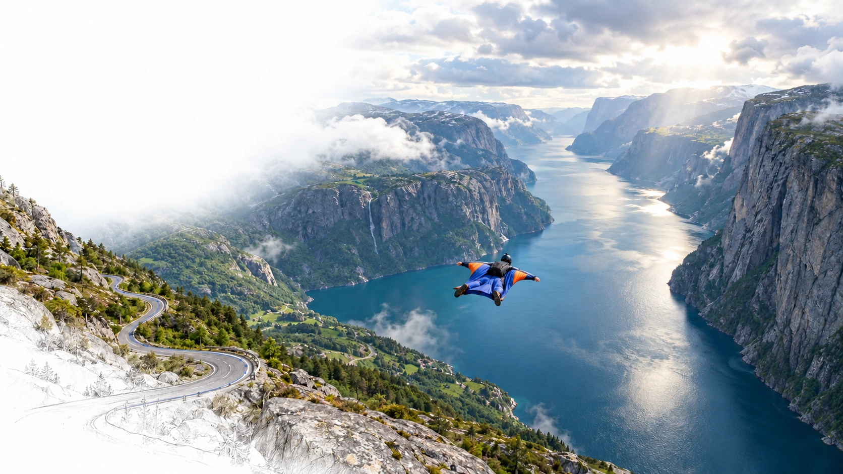 A blue and orange wingsuit pilot glides above a deep Norwegian fjord. A winding road descends the green granite slope, with its foreground contours continuing into pencil.