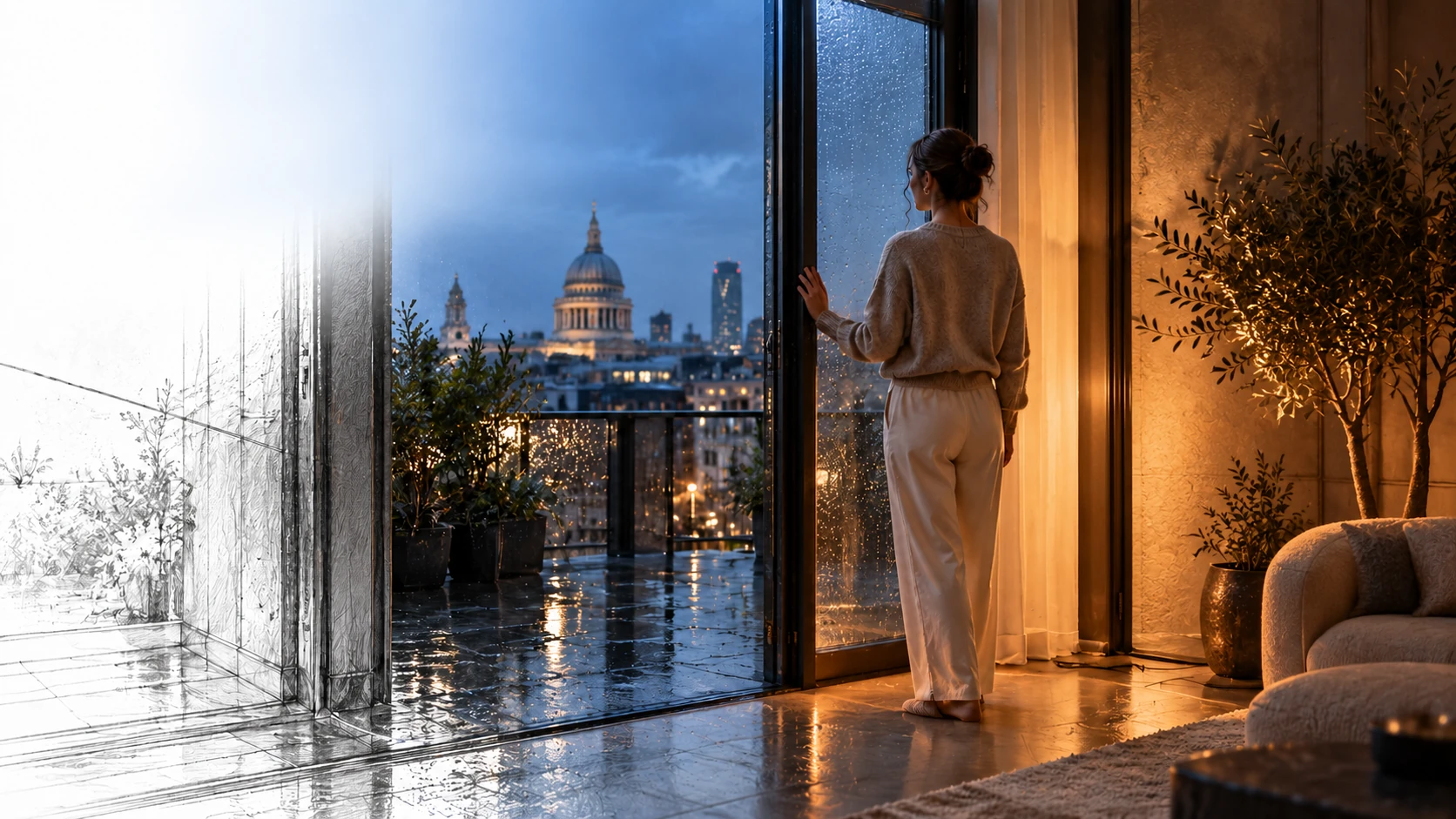 A woman stands at the open terrace door of her warmly lit home. Outside, evening rain reflects the blue city lights. The doorway and wet terrace continue into a pencil drawing.